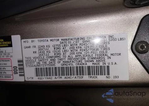 2007 Toyota Tacoma Base V6 z USA, uszkodzony, nr VIN 5TEUU42N57Z375995